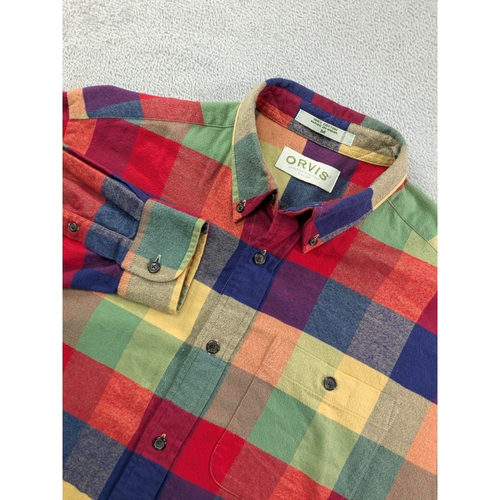 Orvis Mens Multi Color Block Plaid Flannel Button Down Shirt Medium Red Blue